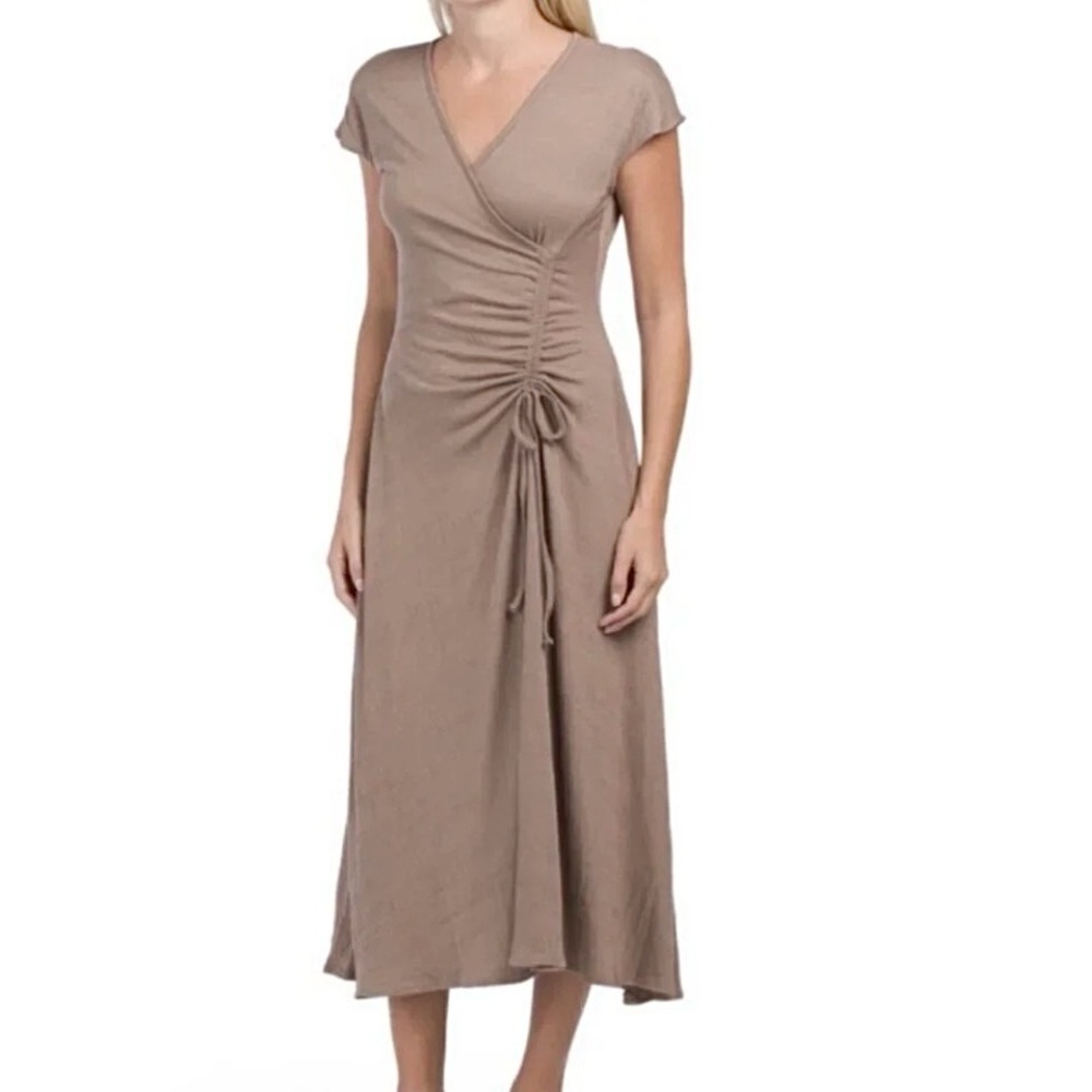 MAX STUDIO FAUX WRAP FIT AND FLARE V NECK MIDI DRESS PULL ON Oatmeal Tan S